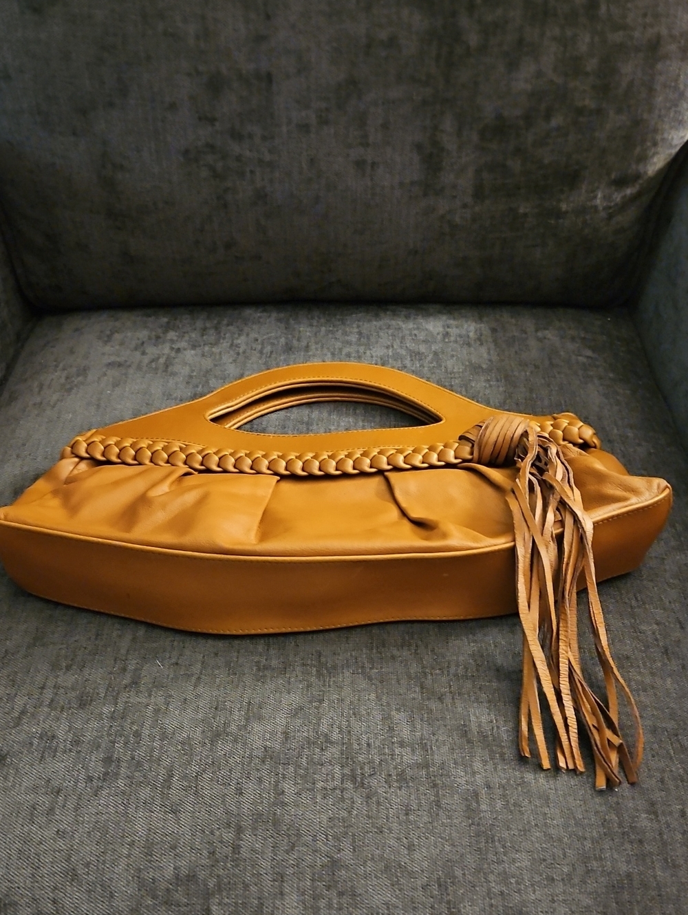 Vtg NEWPORT NEWS 1994 Light Brown Braided Fringe Leather Clutch Bag - Picture 3 of 9